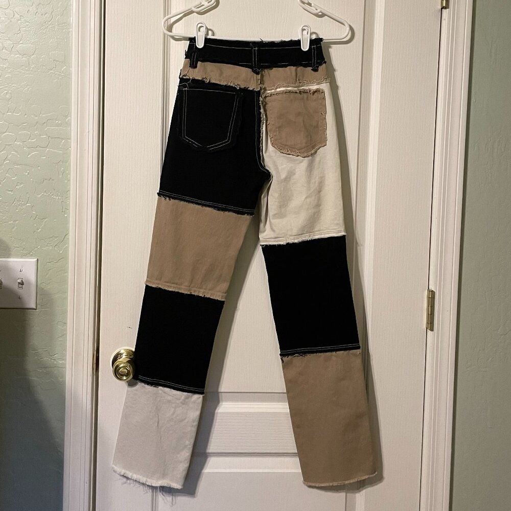 Y2K Patchwork Neutral Colorblock Straight Leg Jeans - Size X-Small XS - Picture 5 of 9